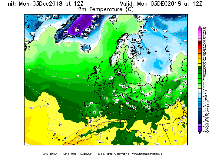 Mappa di analisi GFS - Temperatura a 2 metri dal suolo [°C] in Europa
							del 03/12/2018 12 <!--googleoff: index-->UTC<!--googleon: index-->