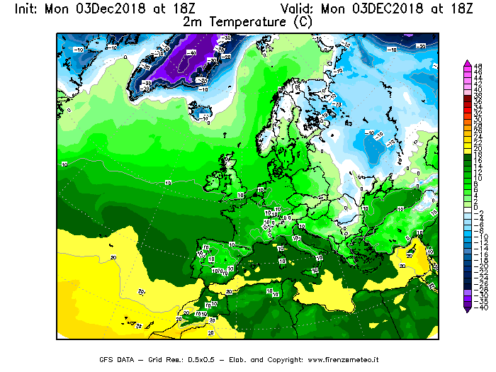 Mappa di analisi GFS - Temperatura a 2 metri dal suolo [°C] in Europa
							del 03/12/2018 18 <!--googleoff: index-->UTC<!--googleon: index-->