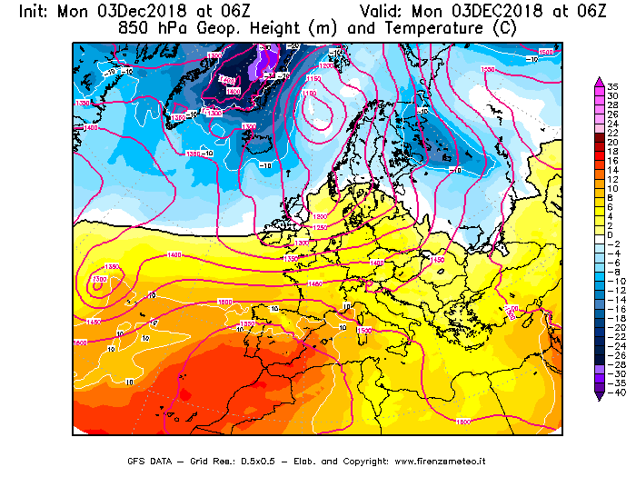 Mappa di analisi GFS - Geopotenziale [m] e Temperatura [°C] a 850 hPa in Europa
							del 03/12/2018 06 <!--googleoff: index-->UTC<!--googleon: index-->