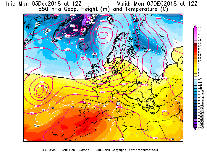 Mappa di analisi GFS - Geopotenziale [m] e Temperatura [°C] a 850 hPa in Europa
							del 03/12/2018 12 <!--googleoff: index-->UTC<!--googleon: index-->