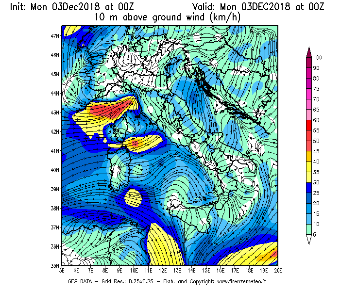 Mappa di analisi GFS - Velocità del vento a 10 metri dal suolo [km/h] in Italia
							del 03/12/2018 00 <!--googleoff: index-->UTC<!--googleon: index-->
