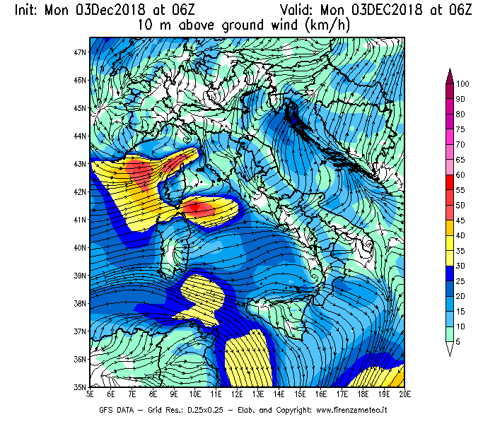 Mappa di analisi GFS - Velocità del vento a 10 metri dal suolo [km/h] in Italia
							del 03/12/2018 06 <!--googleoff: index-->UTC<!--googleon: index-->