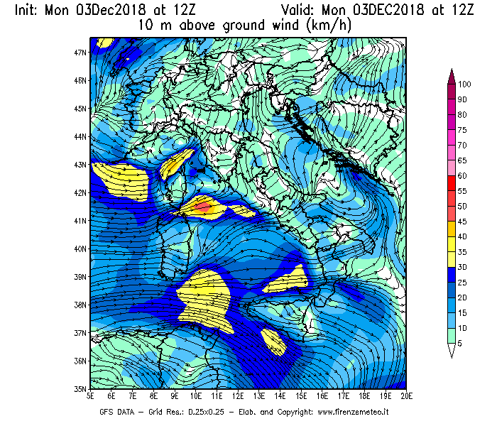 Mappa di analisi GFS - Velocità del vento a 10 metri dal suolo [km/h] in Italia
							del 03/12/2018 12 <!--googleoff: index-->UTC<!--googleon: index-->