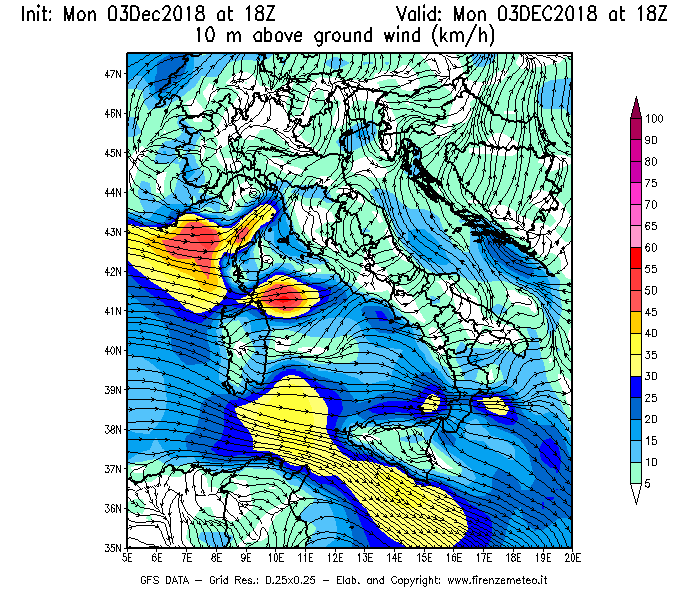 Mappa di analisi GFS - Velocità del vento a 10 metri dal suolo [km/h] in Italia
							del 03/12/2018 18 <!--googleoff: index-->UTC<!--googleon: index-->