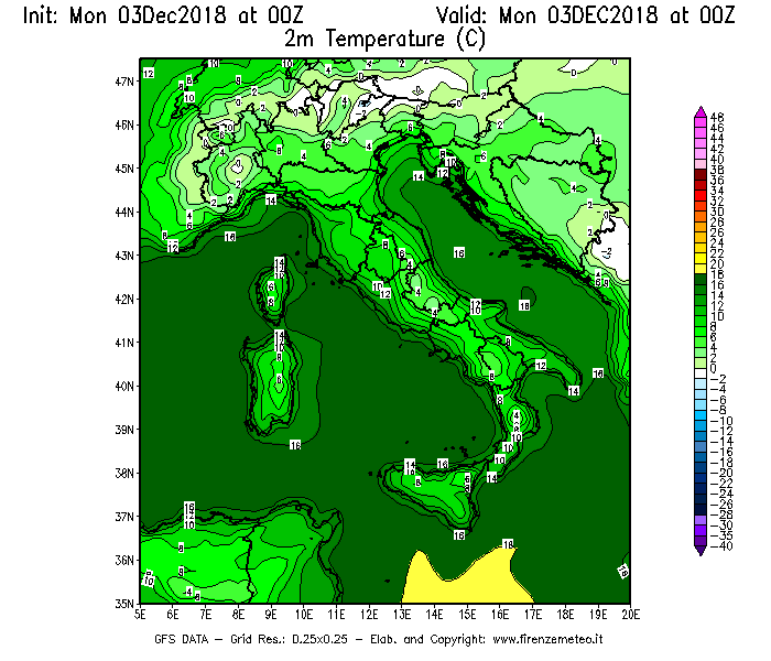Mappa di analisi GFS - Temperatura a 2 metri dal suolo [°C] in Italia
							del 03/12/2018 00 <!--googleoff: index-->UTC<!--googleon: index-->