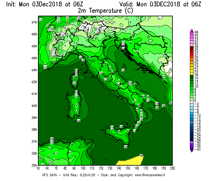 Mappa di analisi GFS - Temperatura a 2 metri dal suolo [°C] in Italia
							del 03/12/2018 06 <!--googleoff: index-->UTC<!--googleon: index-->
