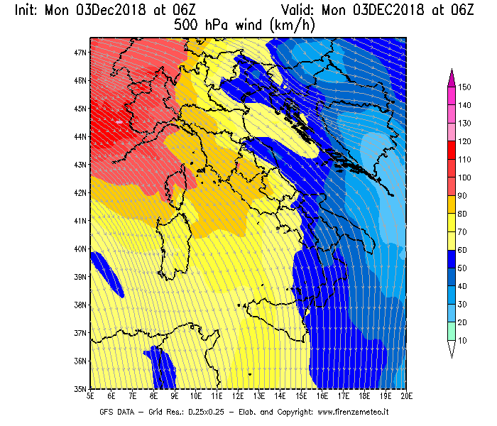 Mappa di analisi GFS - Velocità del vento a 500 hPa [km/h] in Italia
							del 03/12/2018 06 <!--googleoff: index-->UTC<!--googleon: index-->