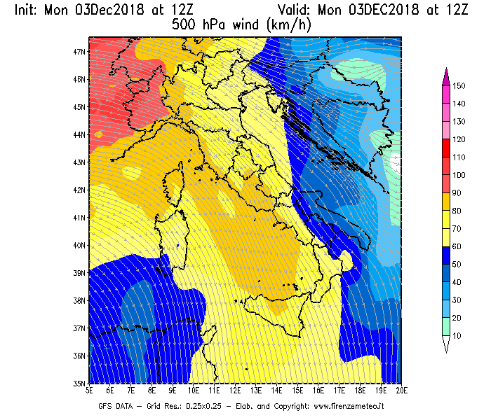 Mappa di analisi GFS - Velocità del vento a 500 hPa [km/h] in Italia
							del 03/12/2018 12 <!--googleoff: index-->UTC<!--googleon: index-->