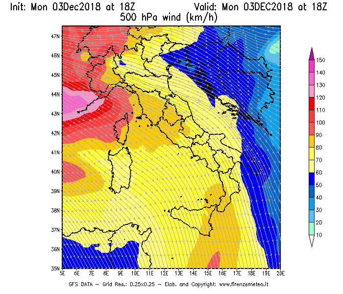 Mappa di analisi GFS - Velocità del vento a 500 hPa [km/h] in Italia
							del 03/12/2018 18 <!--googleoff: index-->UTC<!--googleon: index-->