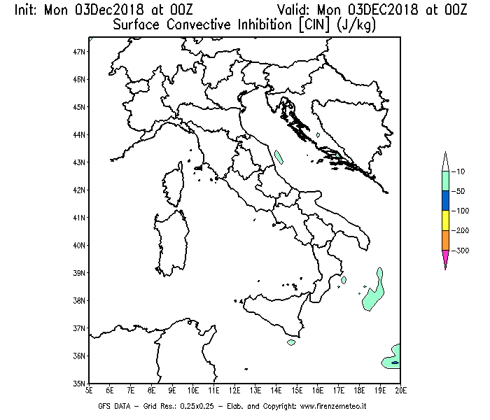 Mappa di analisi GFS - CIN [J/kg] in Italia
							del 03/12/2018 00 <!--googleoff: index-->UTC<!--googleon: index-->