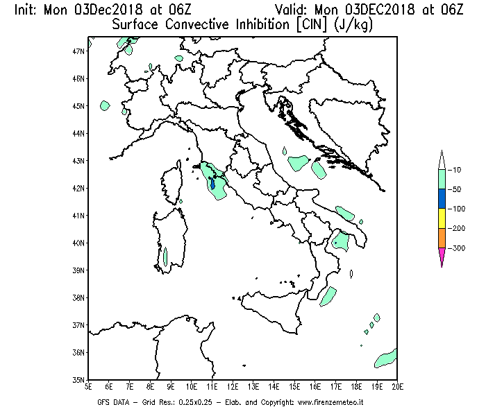 Mappa di analisi GFS - CIN [J/kg] in Italia
							del 03/12/2018 06 <!--googleoff: index-->UTC<!--googleon: index-->