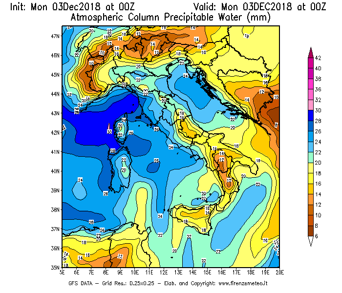 Mappa di analisi GFS - Precipitable Water [mm] in Italia
							del 03/12/2018 00 <!--googleoff: index-->UTC<!--googleon: index-->