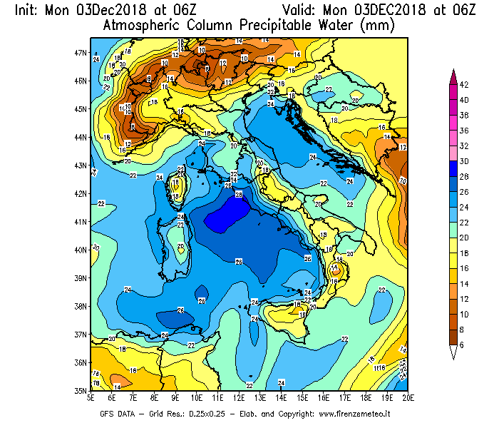 Mappa di analisi GFS - Precipitable Water [mm] in Italia
							del 03/12/2018 06 <!--googleoff: index-->UTC<!--googleon: index-->