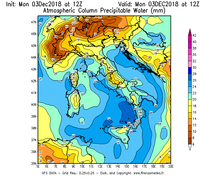 Mappa di analisi GFS - Precipitable Water [mm] in Italia
							del 03/12/2018 12 <!--googleoff: index-->UTC<!--googleon: index-->