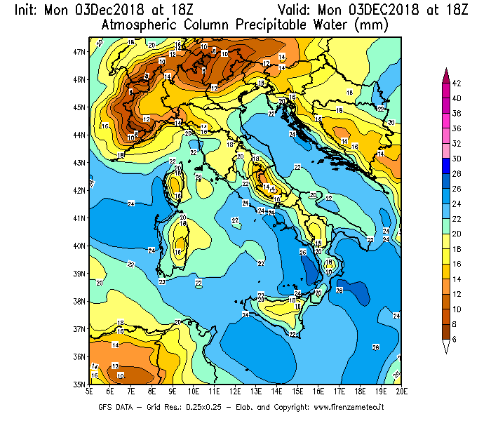 Mappa di analisi GFS - Precipitable Water [mm] in Italia
							del 03/12/2018 18 <!--googleoff: index-->UTC<!--googleon: index-->