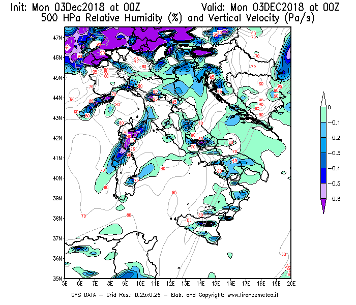 Mappa di analisi GFS - Umidità relativa [%] e Omega [Pa/s] a 500 hPa in Italia
							del 03/12/2018 00 <!--googleoff: index-->UTC<!--googleon: index-->
