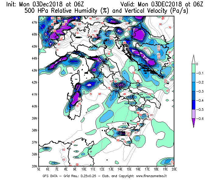 Mappa di analisi GFS - Umidità relativa [%] e Omega [Pa/s] a 500 hPa in Italia
							del 03/12/2018 06 <!--googleoff: index-->UTC<!--googleon: index-->
