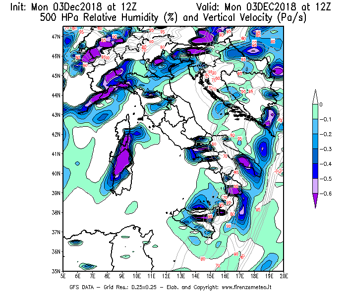 Mappa di analisi GFS - Umidità relativa [%] e Omega [Pa/s] a 500 hPa in Italia
							del 03/12/2018 12 <!--googleoff: index-->UTC<!--googleon: index-->