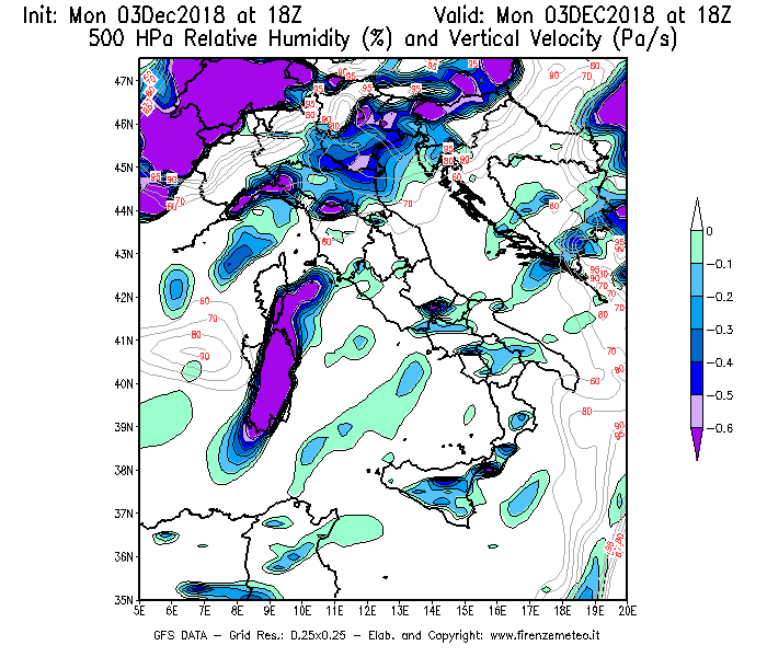 Mappa di analisi GFS - Umidità relativa [%] e Omega [Pa/s] a 500 hPa in Italia
							del 03/12/2018 18 <!--googleoff: index-->UTC<!--googleon: index-->
