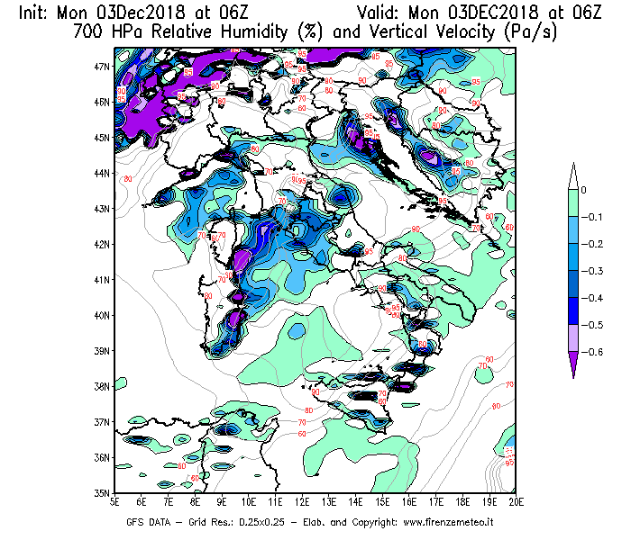 Mappa di analisi GFS - Umidità relativa [%] e Omega [Pa/s] a 700 hPa in Italia
							del 03/12/2018 06 <!--googleoff: index-->UTC<!--googleon: index-->