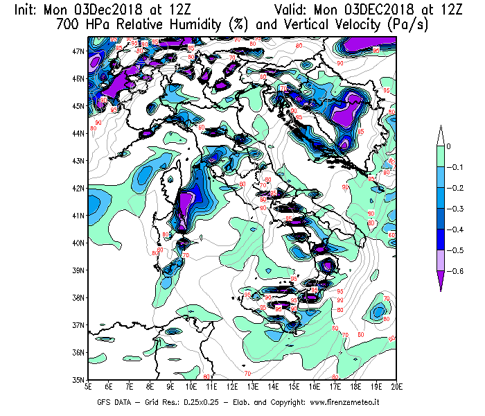 Mappa di analisi GFS - Umidità relativa [%] e Omega [Pa/s] a 700 hPa in Italia
							del 03/12/2018 12 <!--googleoff: index-->UTC<!--googleon: index-->