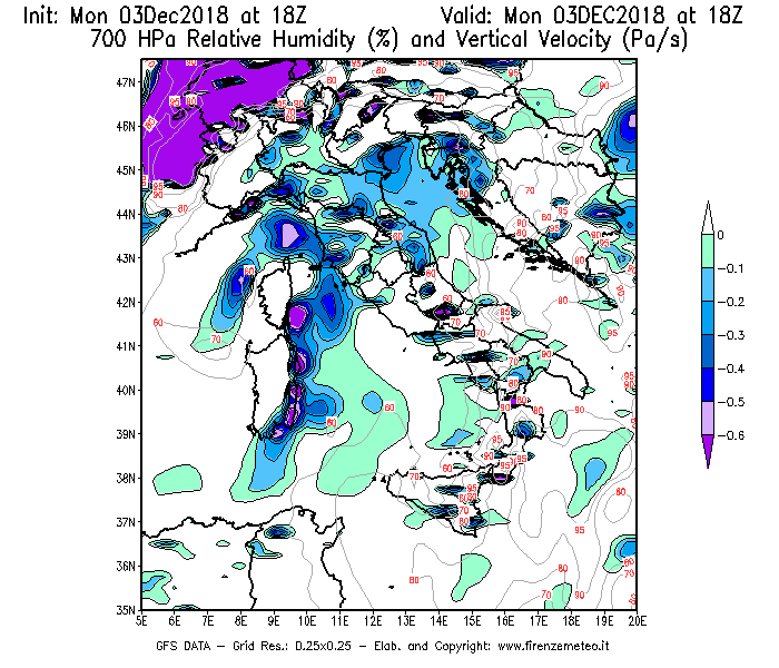 Mappa di analisi GFS - Umidità relativa [%] e Omega [Pa/s] a 700 hPa in Italia
							del 03/12/2018 18 <!--googleoff: index-->UTC<!--googleon: index-->