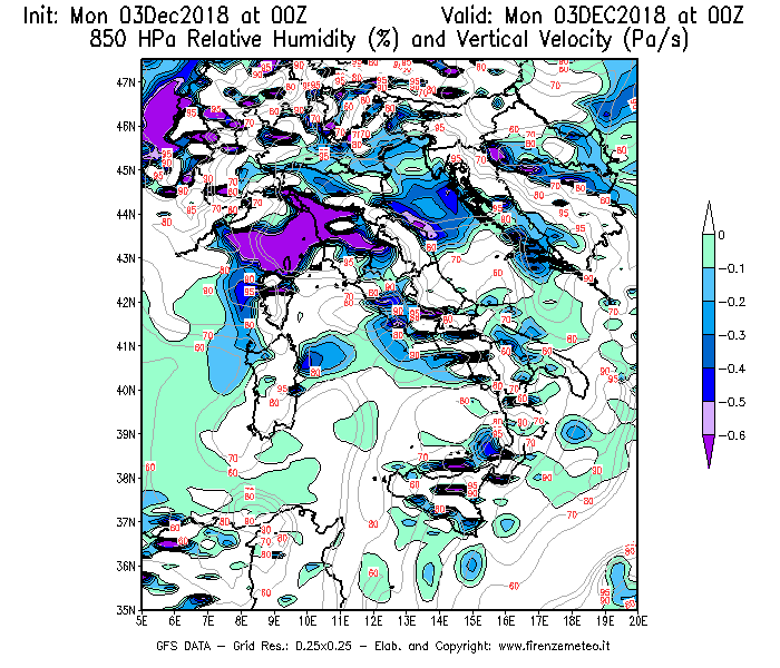 Mappa di analisi GFS - Umidità relativa [%] e Omega [Pa/s] a 850 hPa in Italia
							del 03/12/2018 00 <!--googleoff: index-->UTC<!--googleon: index-->