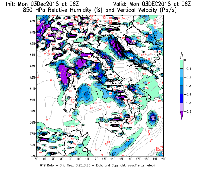 Mappa di analisi GFS - Umidità relativa [%] e Omega [Pa/s] a 850 hPa in Italia
							del 03/12/2018 06 <!--googleoff: index-->UTC<!--googleon: index-->