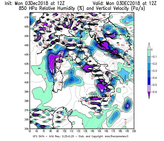 Mappa di analisi GFS - Umidità relativa [%] e Omega [Pa/s] a 850 hPa in Italia
							del 03/12/2018 12 <!--googleoff: index-->UTC<!--googleon: index-->