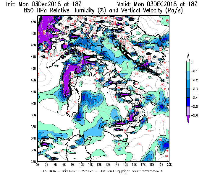 Mappa di analisi GFS - Umidità relativa [%] e Omega [Pa/s] a 850 hPa in Italia
							del 03/12/2018 18 <!--googleoff: index-->UTC<!--googleon: index-->