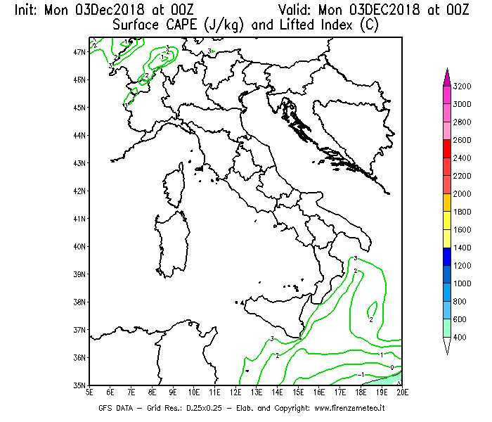 Mappa di analisi GFS - CAPE [J/kg] e Lifted Index [°C] in Italia
							del 03/12/2018 00 <!--googleoff: index-->UTC<!--googleon: index-->