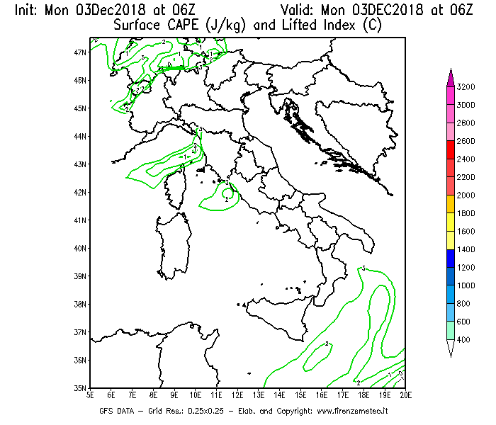 Mappa di analisi GFS - CAPE [J/kg] e Lifted Index [°C] in Italia
							del 03/12/2018 06 <!--googleoff: index-->UTC<!--googleon: index-->