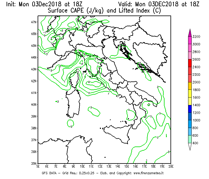 Mappa di analisi GFS - CAPE [J/kg] e Lifted Index [°C] in Italia
							del 03/12/2018 18 <!--googleoff: index-->UTC<!--googleon: index-->