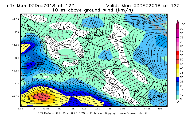 Mappa di analisi GFS - Velocità del vento a 10 metri dal suolo [km/h] in Centro-Italia
							del 03/12/2018 12 <!--googleoff: index-->UTC<!--googleon: index-->