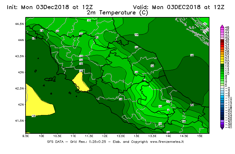 Mappa di analisi GFS - Temperatura a 2 metri dal suolo [°C] in Centro-Italia
							del 03/12/2018 12 <!--googleoff: index-->UTC<!--googleon: index-->