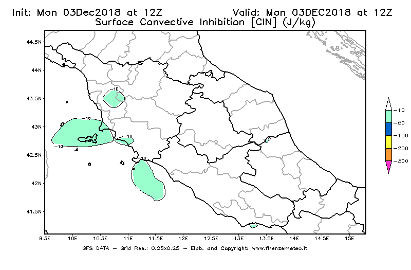 Mappa di analisi GFS - CIN [J/kg] in Centro-Italia
							del 03/12/2018 12 <!--googleoff: index-->UTC<!--googleon: index-->