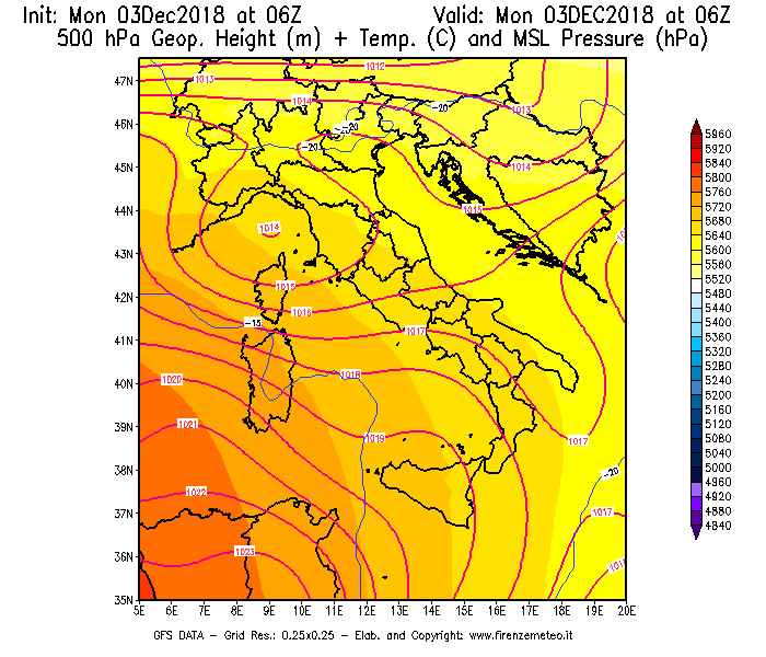 Mappa di analisi GFS - Geopotenziale [m] + Temp. [°C] a 500 hPa + Press. a livello del mare [hPa] in Italia
							del 03/12/2018 06 <!--googleoff: index-->UTC<!--googleon: index-->