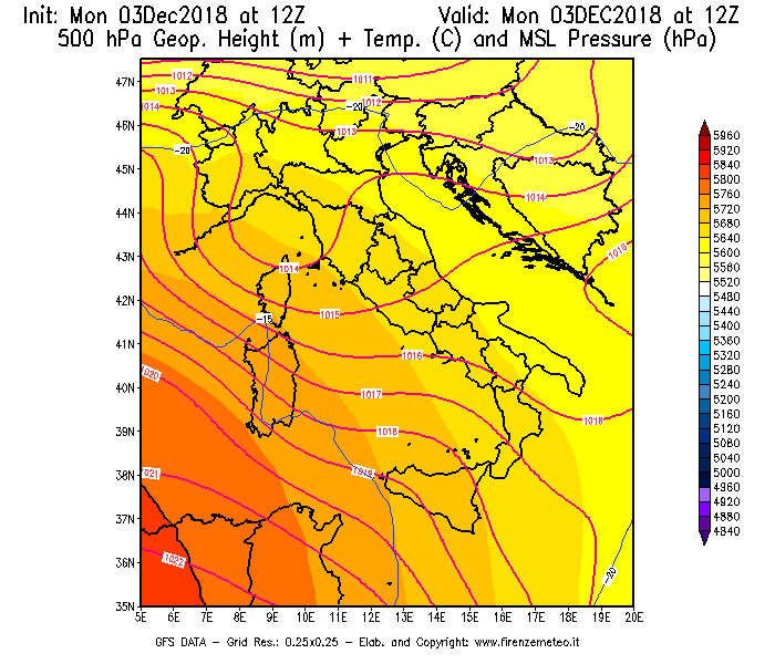 Mappa di analisi GFS - Geopotenziale [m] + Temp. [°C] a 500 hPa + Press. a livello del mare [hPa] in Italia
							del 03/12/2018 12 <!--googleoff: index-->UTC<!--googleon: index-->