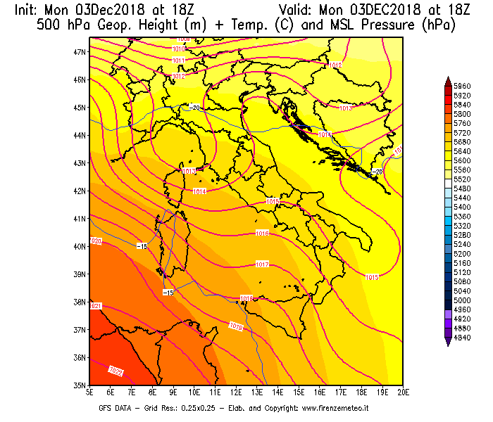 Mappa di analisi GFS - Geopotenziale [m] + Temp. [°C] a 500 hPa + Press. a livello del mare [hPa] in Italia
							del 03/12/2018 18 <!--googleoff: index-->UTC<!--googleon: index-->