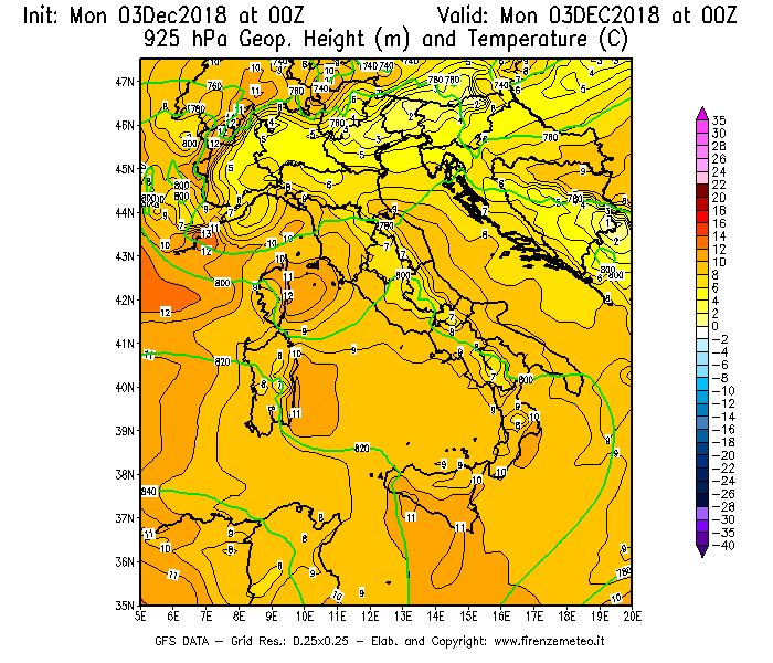 Mappa di analisi GFS - Geopotenziale [m] e Temperatura [°C] a 925 hPa in Italia
							del 03/12/2018 00 <!--googleoff: index-->UTC<!--googleon: index-->
