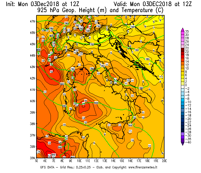 Mappa di analisi GFS - Geopotenziale [m] e Temperatura [°C] a 925 hPa in Italia
							del 03/12/2018 12 <!--googleoff: index-->UTC<!--googleon: index-->