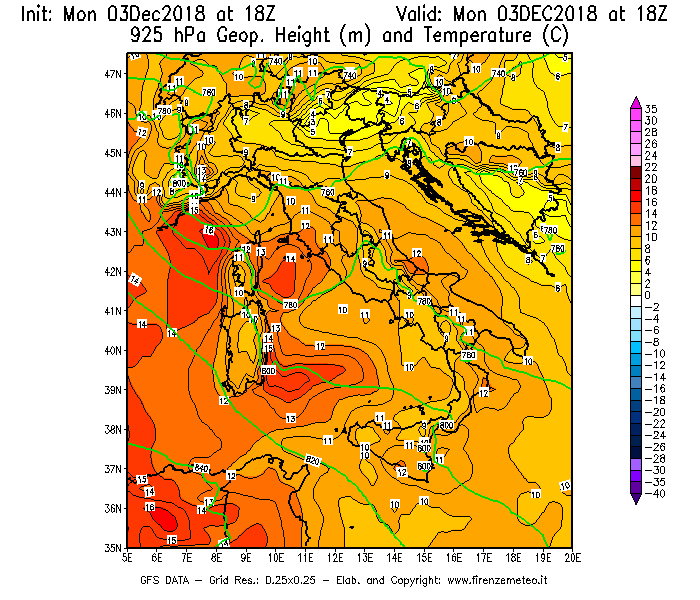 Mappa di analisi GFS - Geopotenziale [m] e Temperatura [°C] a 925 hPa in Italia
							del 03/12/2018 18 <!--googleoff: index-->UTC<!--googleon: index-->