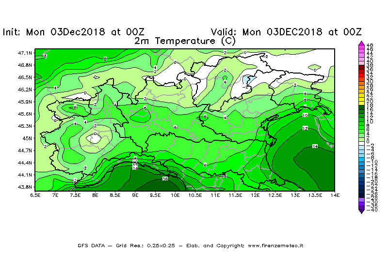 Mappa di analisi GFS - Temperatura a 2 metri dal suolo [°C] in Nord-Italia
							del 03/12/2018 00 <!--googleoff: index-->UTC<!--googleon: index-->
