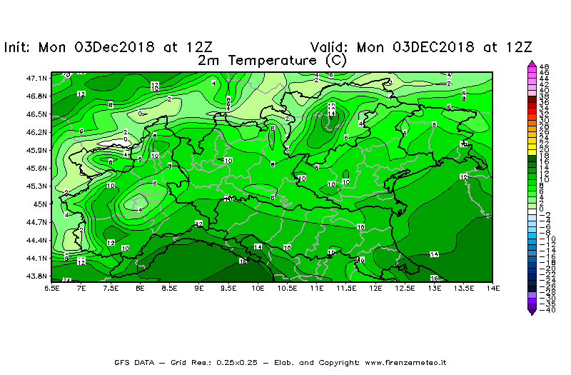 Mappa di analisi GFS - Temperatura a 2 metri dal suolo [°C] in Nord-Italia
							del 03/12/2018 12 <!--googleoff: index-->UTC<!--googleon: index-->