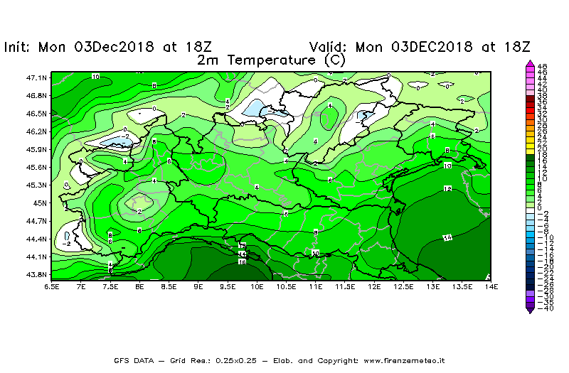 Mappa di analisi GFS - Temperatura a 2 metri dal suolo [°C] in Nord-Italia
							del 03/12/2018 18 <!--googleoff: index-->UTC<!--googleon: index-->