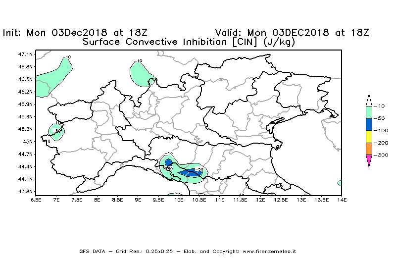 Mappa di analisi GFS - CIN [J/kg] in Nord-Italia
							del 03/12/2018 18 <!--googleoff: index-->UTC<!--googleon: index-->
