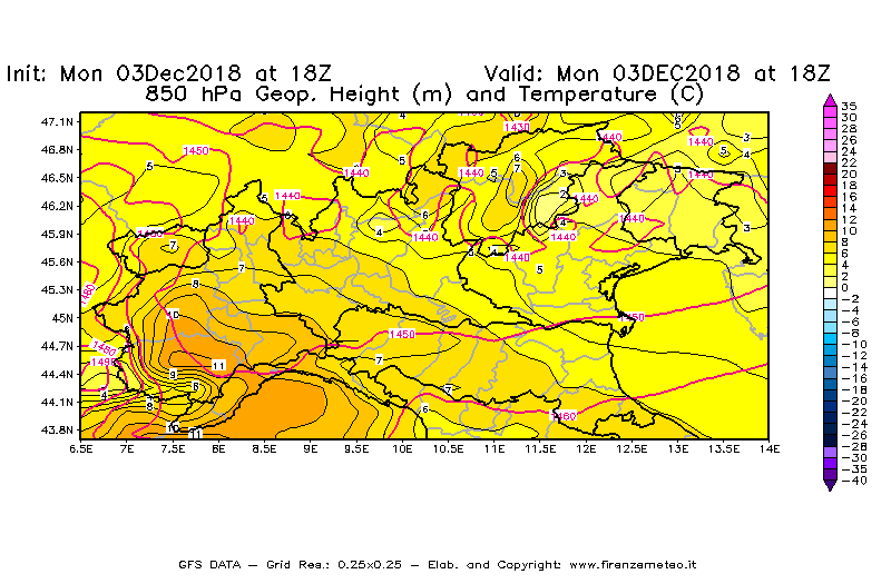 Mappa di analisi GFS - Geopotenziale [m] e Temperatura [°C] a 850 hPa in Nord-Italia
							del 03/12/2018 18 <!--googleoff: index-->UTC<!--googleon: index-->