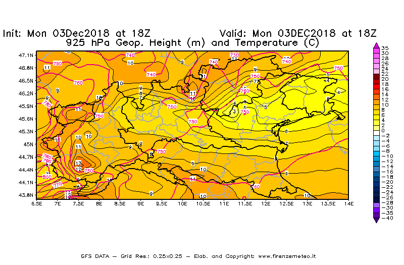 Mappa di analisi GFS - Geopotenziale [m] e Temperatura [°C] a 925 hPa in Nord-Italia
							del 03/12/2018 18 <!--googleoff: index-->UTC<!--googleon: index-->