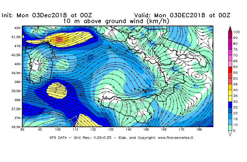 Mappa di analisi GFS - Velocità del vento a 10 metri dal suolo [km/h] in Sud-Italia
							del 03/12/2018 00 <!--googleoff: index-->UTC<!--googleon: index-->