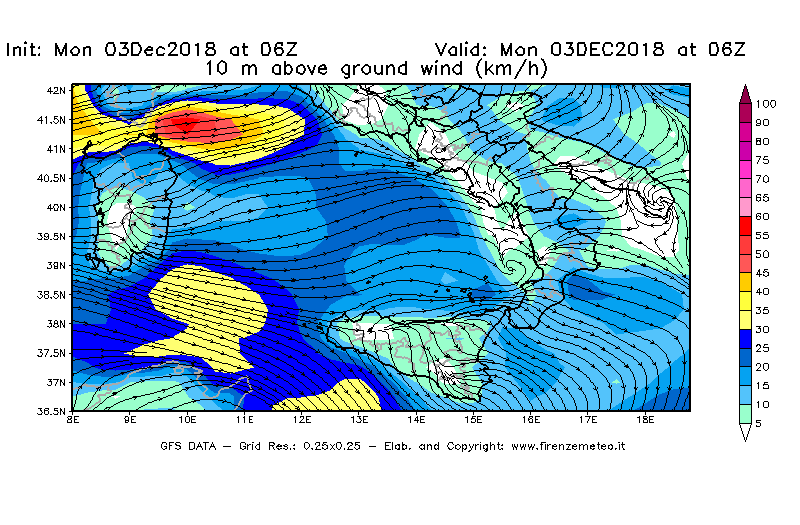 Mappa di analisi GFS - Velocità del vento a 10 metri dal suolo [km/h] in Sud-Italia
							del 03/12/2018 06 <!--googleoff: index-->UTC<!--googleon: index-->